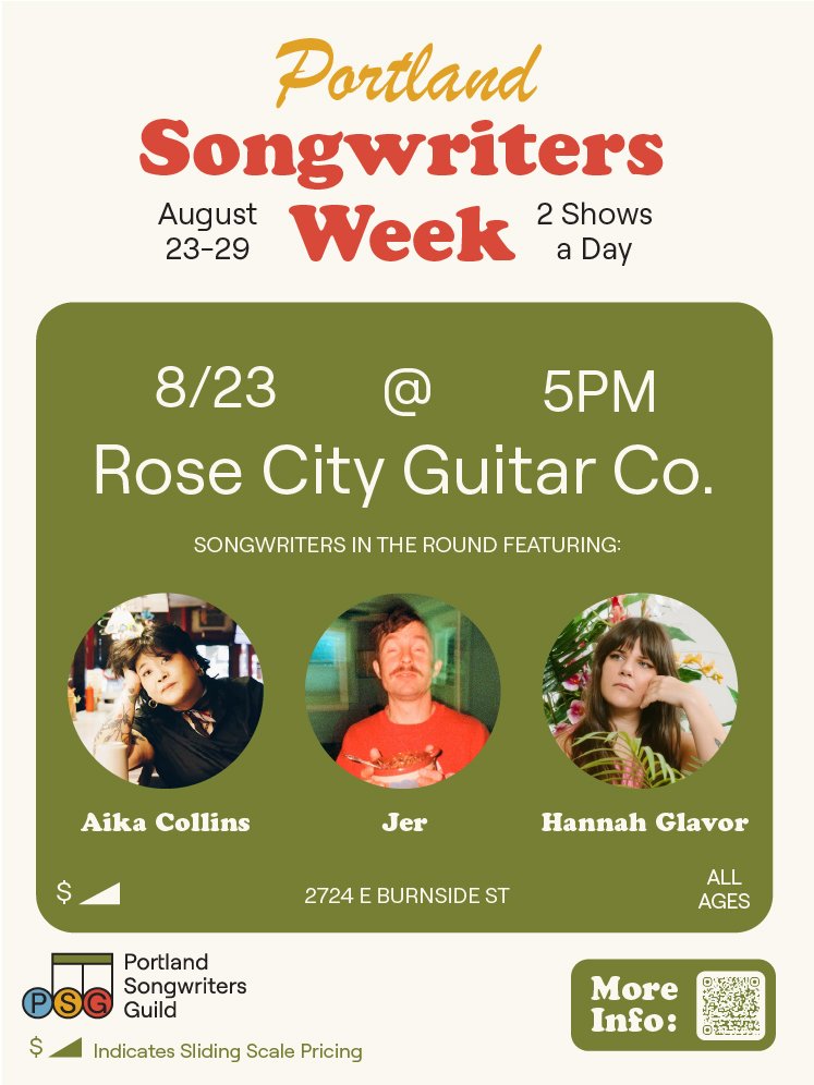 Songwriter Round at Rose City Guitars Ft. Aika Collins, Hannah Glover and Jer event artwork